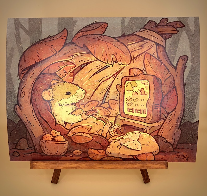 May include: A cartoon illustration of a mouse playing a video game on a television screen in a cozy forest setting. The mouse is sitting in a chair with a controller in its hands. The television screen shows a pixelated game with hearts and a character that looks like a mouse. The scene is set in a forest with trees and leaves.