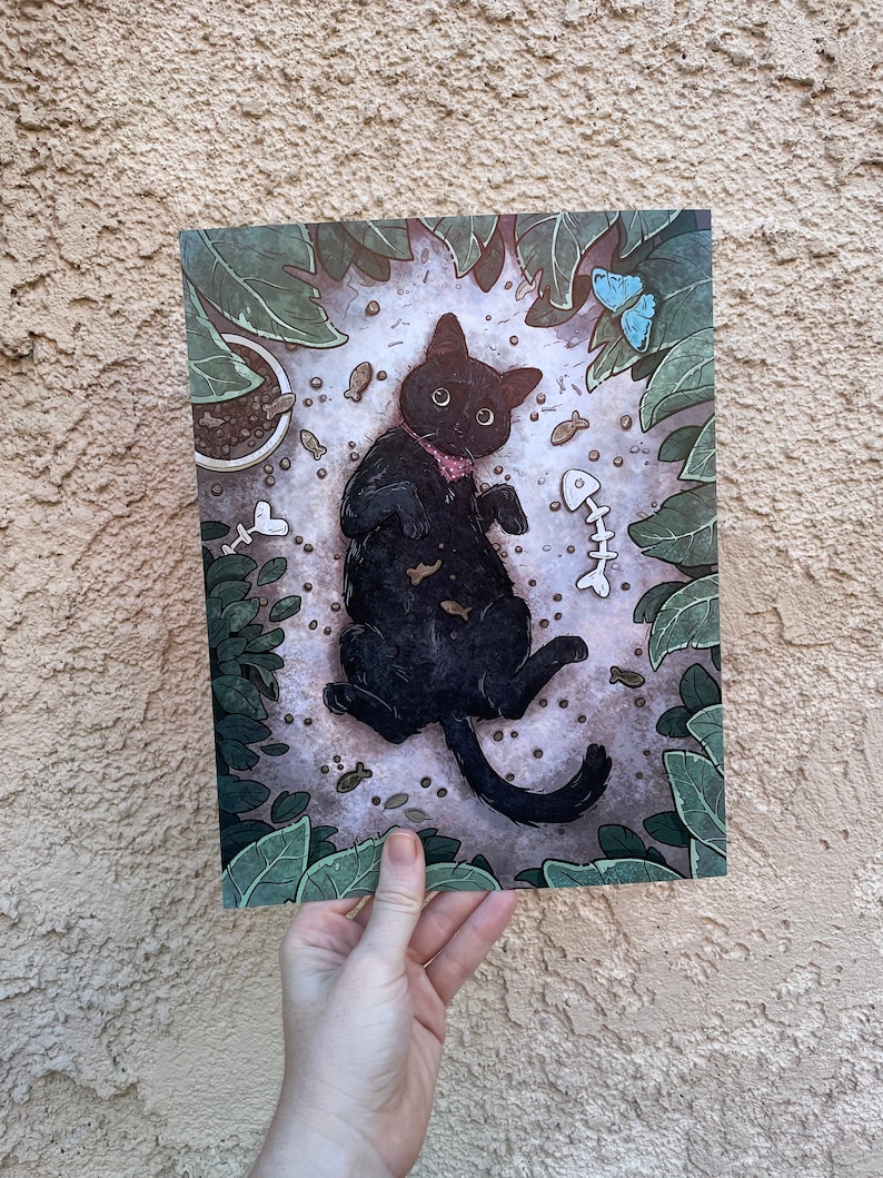 Puede incluir: Un gato negro con un collar rosa yace de espaldas rodeado de hojas verdes y huesos de pescado y otros juguetes para gatos esparcidos.
