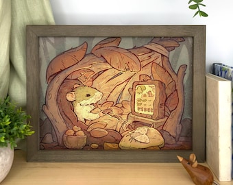 Cozy Gamer Rat Art Print: Whimsical Cottagecore Illustration