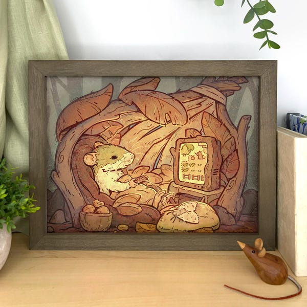 Lámina artística "Acogedora rata gamer": Ilustración campestre caprichosa