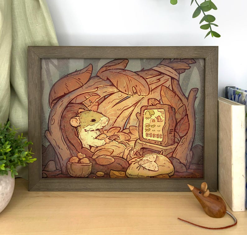 May include: A brown and white mouse sits in a cozy nest made of leaves and branches, playing a video game on a small screen. The mouse is surrounded by nuts and acorns, and the scene is set in a forest.