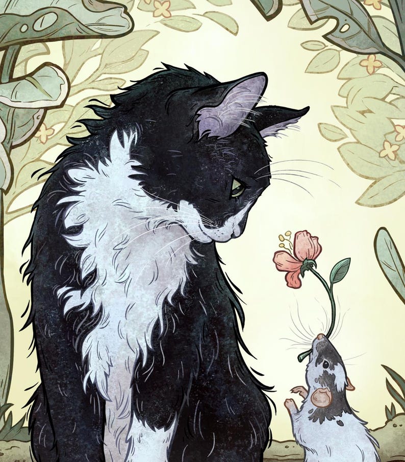 Tuxedo Cat and Rat Art Print: Whimsical Art Nouveau Wall Decor image 4