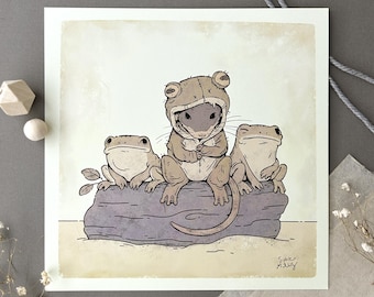 Frogs and rat art print 8”x8”
