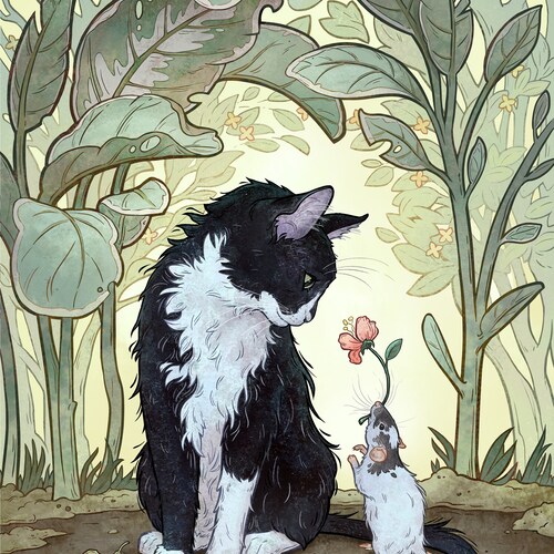 Tuxedo cat and rat art print- whimsical children illustration