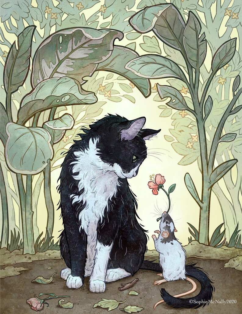 Tuxedo cat and rat art print whimsical children illustration image 1