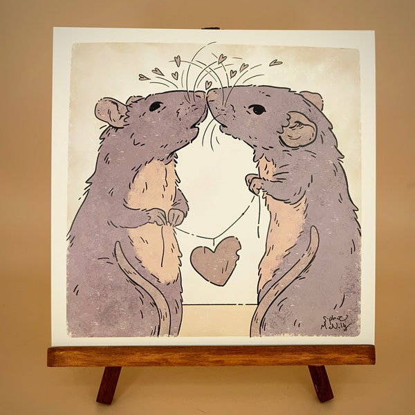 Kissing rats art print 8”x8”