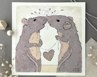 Kissing rats art print 8”x8”