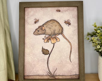 Rat art print - Rat on a flower