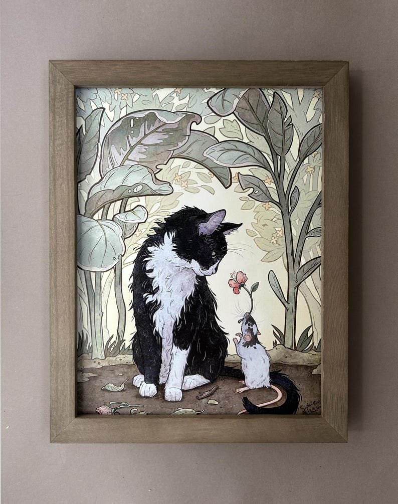 Tuxedo Cat and Rat Art Print: Whimsical Art Nouveau Wall Decor image 3