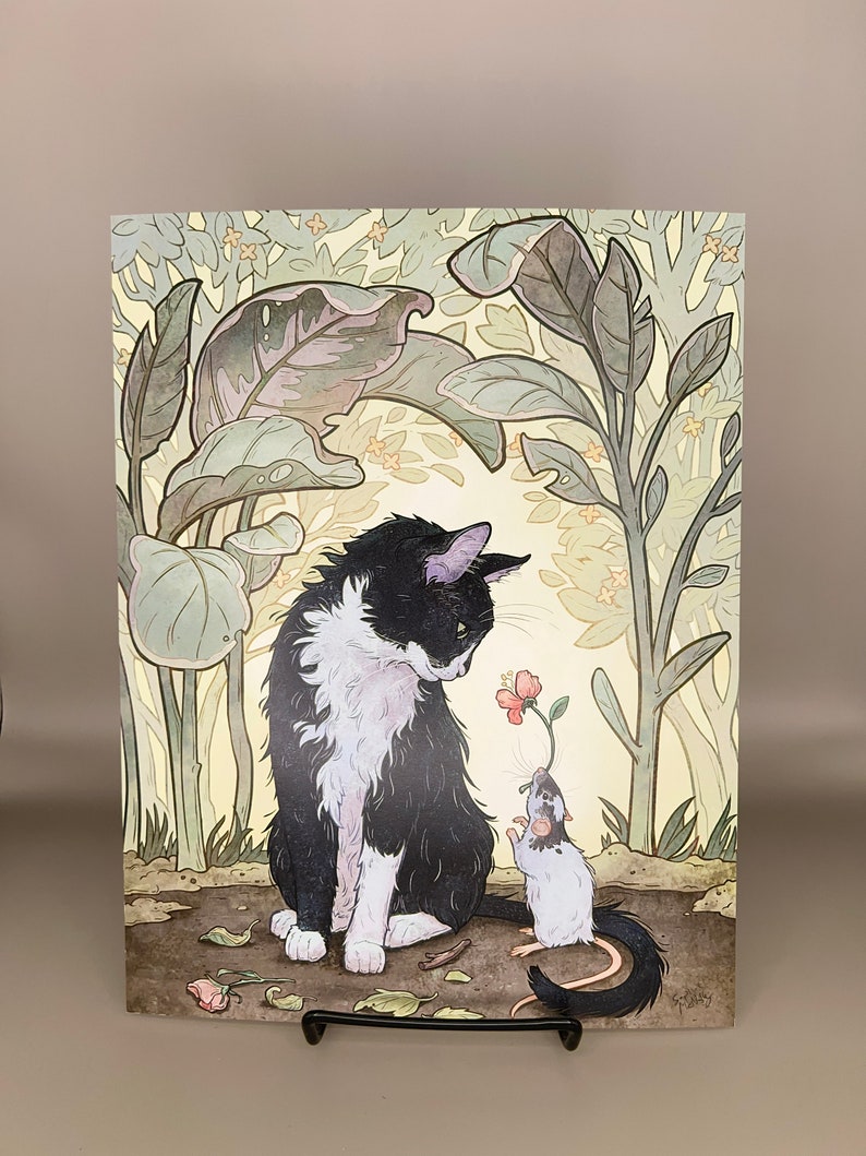 Tuxedo Cat and Rat Art Print: Whimsical Art Nouveau Wall Decor image 2