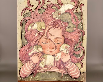 Rat Cuddles art print, classic storybook art