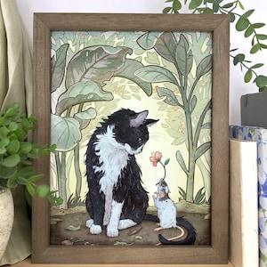 Tuxedo Cat and Rat Art Print: Whimsical Art Nouveau Wall Decor image 1