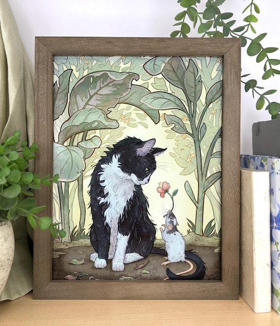 Tuxedo Cat and Rat Art Print: Whimsical Art Nouveau Wall Decor