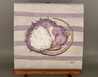 Sleeping Rat Art Print, Rodent Home Decor (8x8 Print on Cardstock)
