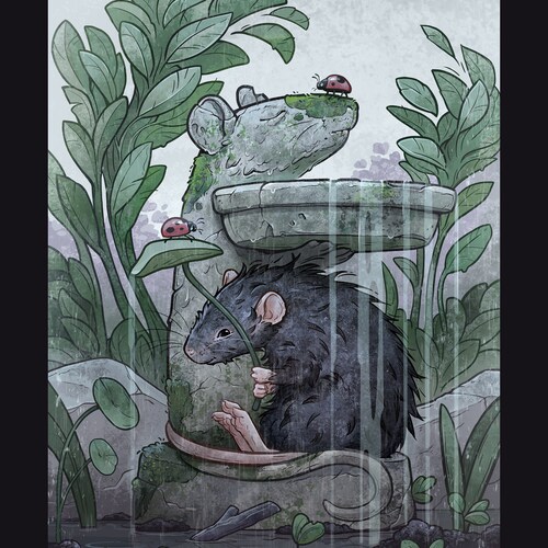 Rainy day black grey rat- whimsical art print