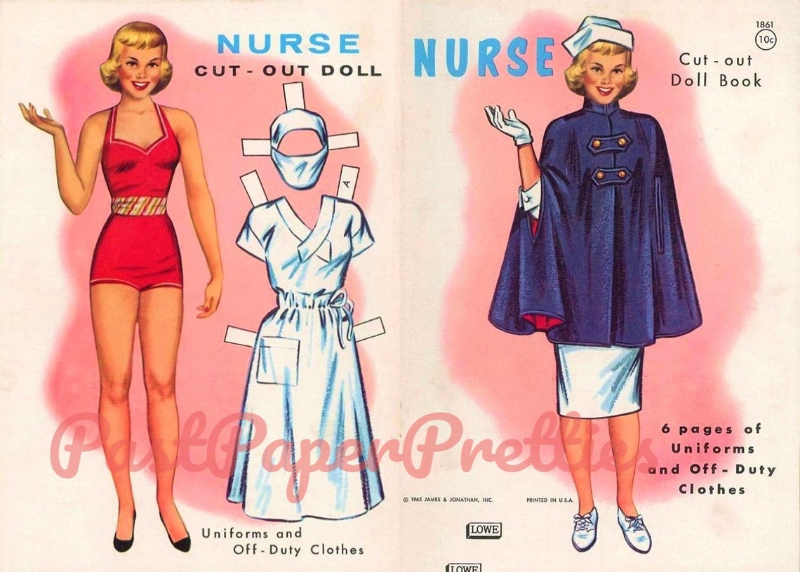 Vintage Paper Dolls Nurse CutOut Doll c. 1963 Printable Etsy