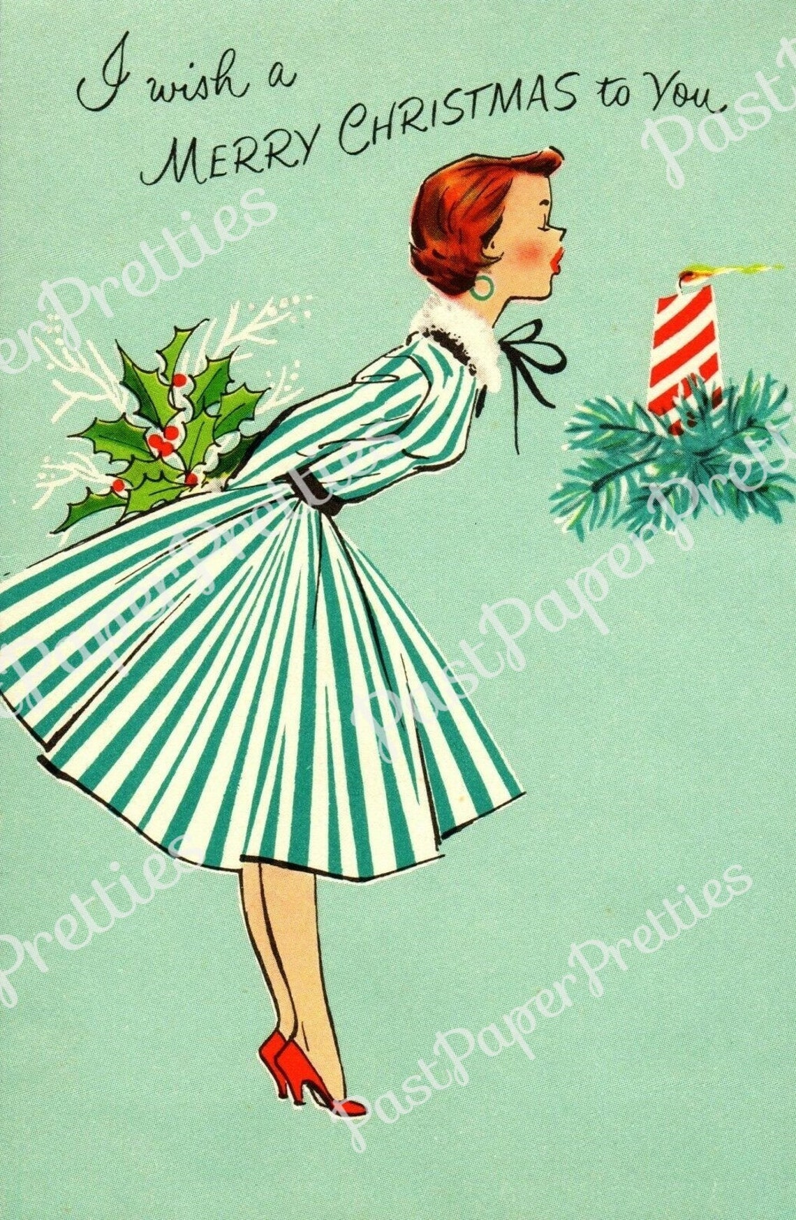 Vintage Printable Pretty Miss Peppermint Ladies Christmas Card | Etsy