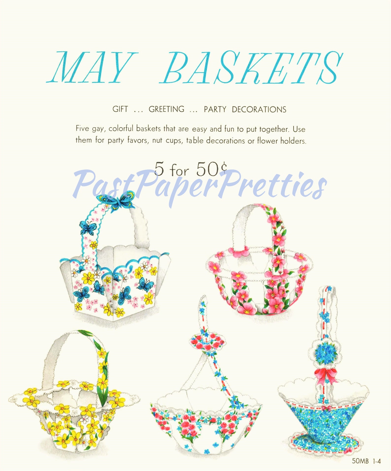 Vintage Printable May Day Flower Baskets 5 Designs c. 1954 PDF Etsy