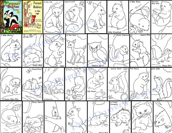Download Vintage Printable Coloring Book Pages Forest Animal Babies To Etsy