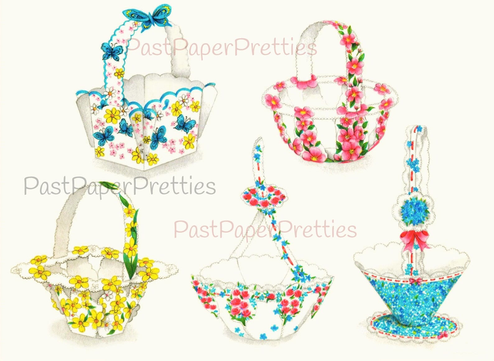 Vintage Printable May Day Flower Baskets 5 Designs c. 1954 PDF Etsy