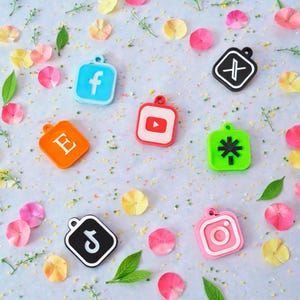 May include: A collection of colorful social media charms, including Facebook, YouTube, Instagram, and TikTok, with a small loop for attaching to a keychain or necklace. The charms are square-shaped with white outlines and icons. The background is decorated with flower petals and greenery.