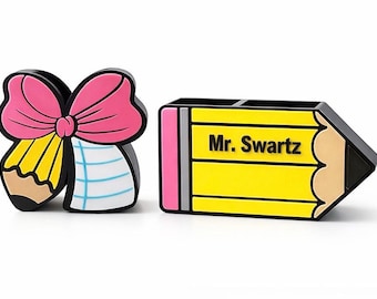 Gepersonaliseerde leraar-potloodhouder | Cadeau leraar waardering | Coquettestrik of klassiek potloodbureaudecor