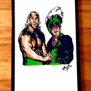 May include: A black and white illustration of two men shaking hands. The man on the left has long brown hair and is wearing a green shirt. The man on the right is wearing a green and black suit with a white hat and a pink visor. The illustration is signed "A.F."