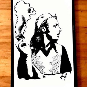 May include: Black and white illustration of a person with long hair wearing a hat and holding a cigarette. The person is looking to the right. The image is signed "A4" in the bottom right corner.