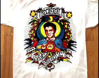 Tattoo Elvis T-SHIRT Design - Rock N' Roll Saves The Soul by Adam Turkel Pop Art Religious Jesus Punk Rock Glam Rockabilly Presley