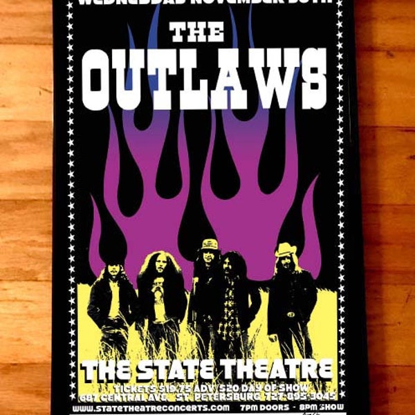THE OUTLAWS rare signed gig poster by artist Adam Turkel Florida Southern Rock Lynyrd Skynyrd Classic Biker Rock Stoner 70s State Theatre
