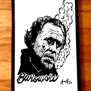 May include: Black and white illustration of author Charles Bukowski with a cigarette and smoke cloud. The image is signed "A420".