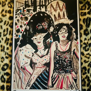 May include: A black and white illustration of two women wearing hats and dresses. The woman on the left is wearing a black hat with a white and red polka dot dress. The woman on the right is wearing a white hat with a black and white patterned dress. The background is a dark gray color.