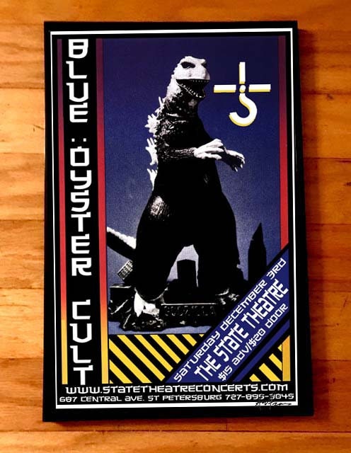 BLUE OYSTER CULT rare signed gig poster by artist Adam Turkel Florida Heavy metal Classic Rock Godzilla Stoner 70s State Theatre