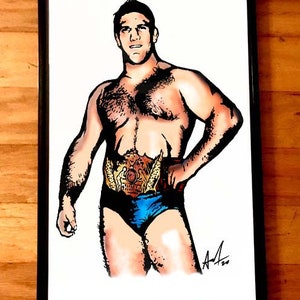May include: A black and white illustration of a wrestler wearing a blue wrestling outfit and a gold championship belt. The wrestler has a mustache and a serious expression on his face.