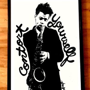 May include: Black and white illustration of a person playing a saxophone. The person is wearing a suit and has a serious expression on their face. The text "Yourself" is written in a stylized font above the person's head. The text "Konto" is written in a stylized font below the person's head.