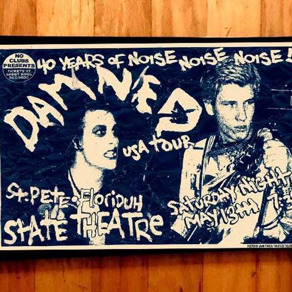 THE DAMNED St Petersburg, Florida Gig Poster by Adam Turkel Pop Art Concert Poster Punk 1977 Glam B&W Dave Vanian Captain Sensible