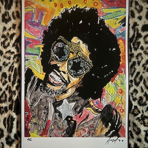 May include: A colorful, abstract portrait of a person with a large afro wearing sunglasses and a leather jacket. The background is filled with colorful graffiti and stars.