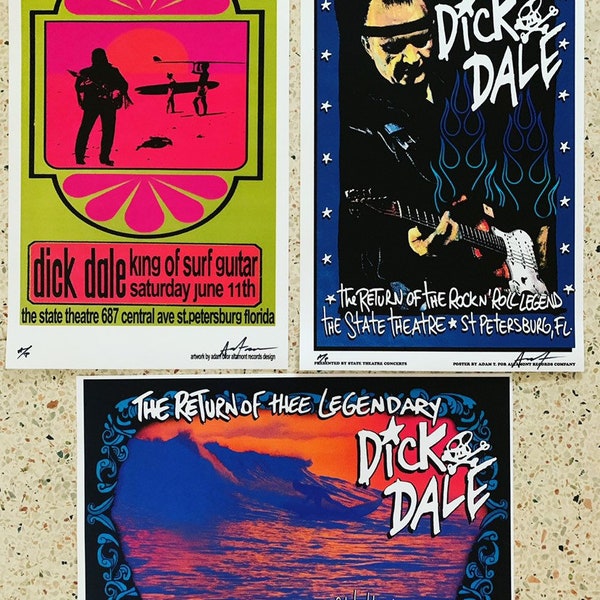 DICK DALE - Set of 3 rare signed and numbered gig posters by Adam Turkel - Florida Pop Artsurf guitar Deltones