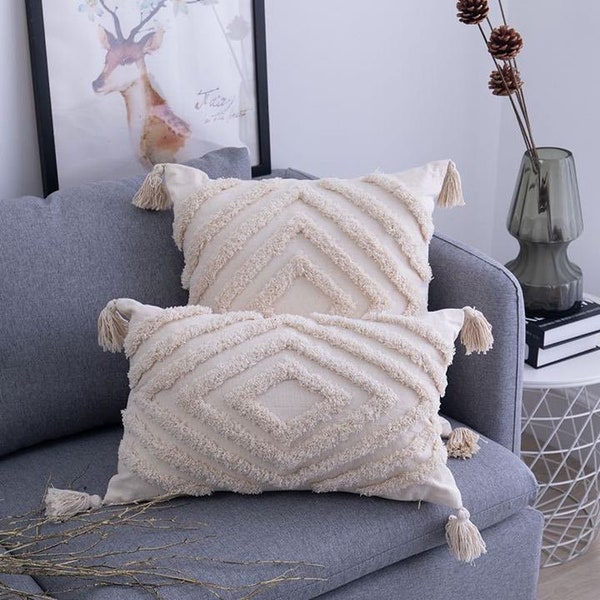 Boho Cushion Cover ◾Tufted Cushion Cover◾ Decorative Sofa Pillow◾ Beige Cream Tassel ◾ 45 x 45 cm ◾ 30 x 50 cm ◾ BUY 2 GET 25% OFF