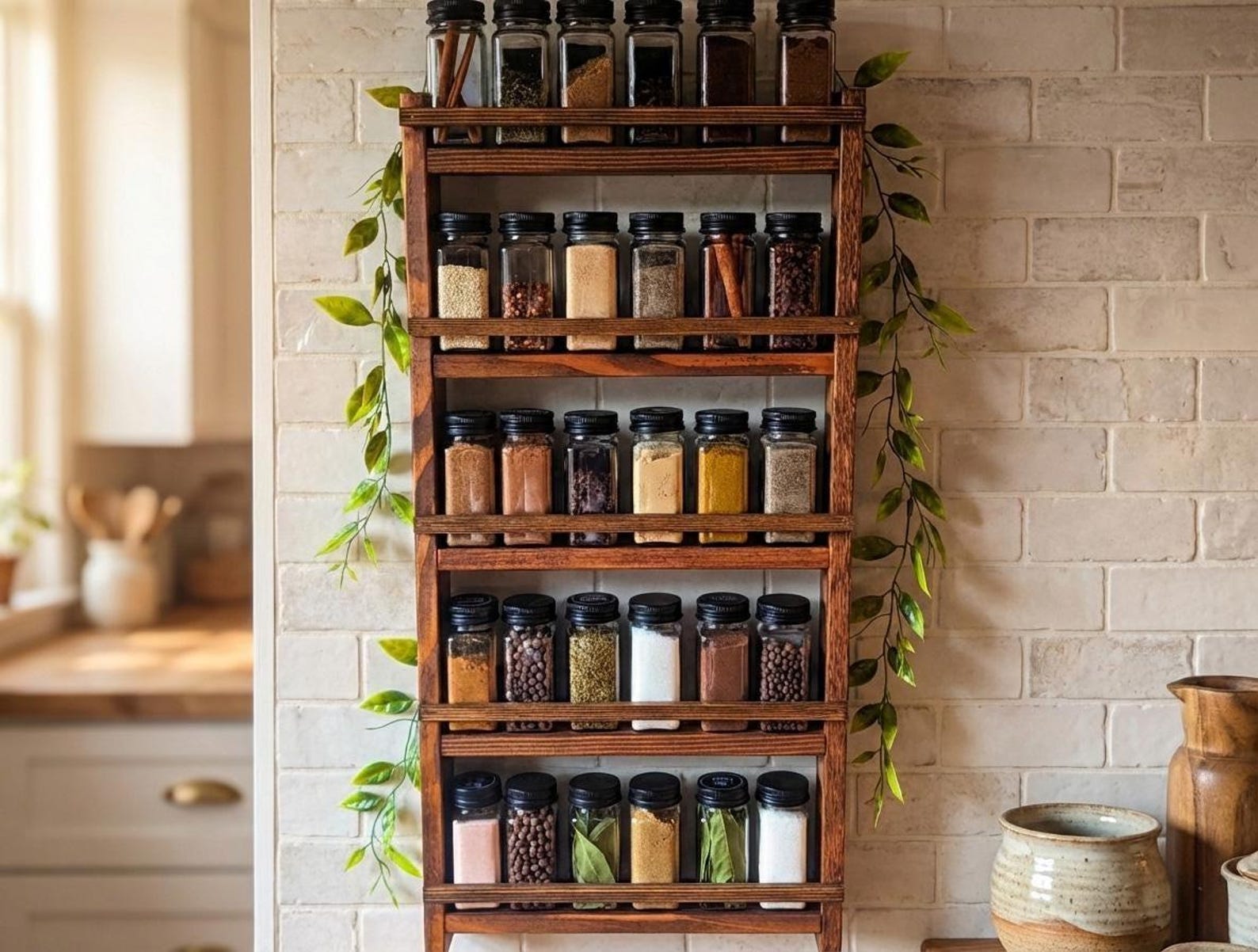 Large 5-Tier Spice Rack for Kitchen, Wall Mounted - Rustic