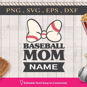 May include: A baseball-themed design with a baseball bow, the words "BASEBALL MOM NAME", a baseball glove, a baseball, popcorn, and tickets. The design is set against a light wood background with a rope border and a pink banner at the bottom.