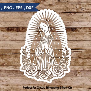 May include: White cut-out design of a religious figure with hands clasped in prayer, surrounded by a halo and roses. The image includes the text "SVG, PNG, EPS, DXF" and "Perfect for Cricut, Silhouette & Iron-On".