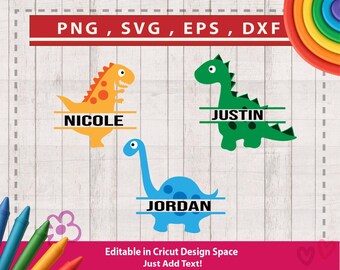 Dinosaur Name Svg for Kids – Editable Cute Dino Split Design for Cricut | Personalized Birthday Shirt Png Eps Dxf