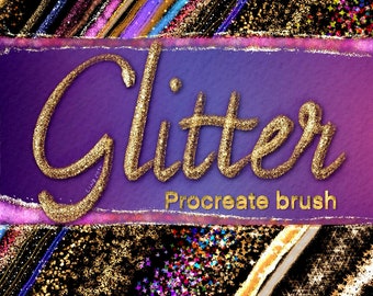 Könnte beinhalten: Ein goldener Glitzer-Procreate-Pinsel für digitale Kunst. Der Pinsel wird auf einem violetten Hintergrund mit dem Wort "Glitter" in goldenen Glitzerbuchstaben gezeigt.