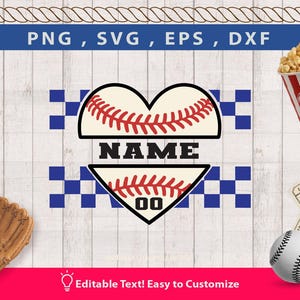 Corazón de béisbol SVG con nombre y número editables, diseño de camiseta para el día del partido, archivo de corte PNG, DXF, EPS y espíritu de equipo para Cricut