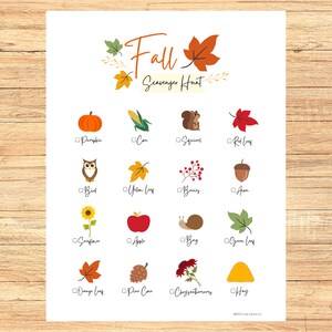May include: A printable Fall Scavenger Hunt checklist with illustrations of autumnal items like pumpkins, corn, squirrels, red leaves, owls, yellow leaves, berries, acorns, sunflowers, apples, snails, green leaves, orange leaves, pine cones, chrysanthemums, and hay.