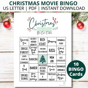 Puede incluir: Una tarjeta de bingo verde y blanca con el título "Christmas Movie Bingo Rom-Com Edition". La tarjeta tiene 25 casillas con diferentes temas de películas navideñas, como "Decorar el árbol", "Identidad secreta/oculta", "Abrigo rojo", "Ir de compras", "Pelea de bolas de nieve", "Padre soltero", "Carroza/Paseo en trineo", "Relación fingida", "Beso", "Cabaña/Albergue", "Empieza como extraños", "Bailar", "Nuevo trabajo", "Chocolate caliente", "Un brindis", "Panadero", "El clima altera los planes", "Voluntario/Donar", "Romance reavivado", "Pueblo pequeño", "Hogar para las fiestas", "Construir un muñeco de nieve", "Chimenea/Foso de fuego", y "Magia navideña". La tarjeta también tiene un círculo verde con el texto "10 tarjetas de bingo".