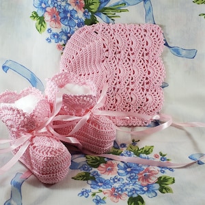 Victorian Bonnet & Booties Set Girls 6-9 Months Pink Cotton Crochet Thread Pink Satin Ribbon Ties Christening Baptism Easter Photo Prop