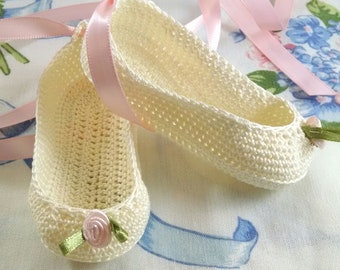 Cream Baby Ballet Slippers Cotton Thread Crochet 3-6 Months Pink Ribbon Roses Pink Ribbon Handmade Dressy Shoes Photo Prop