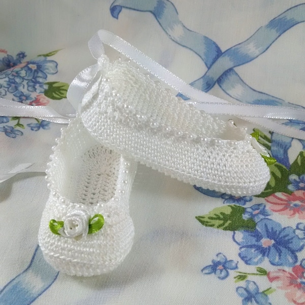 White Thread Crochet Baby Ballet Slippers With Faux Pearls White Ribbon Roses and White Ribbons 3-6 Months Handmade Crochet